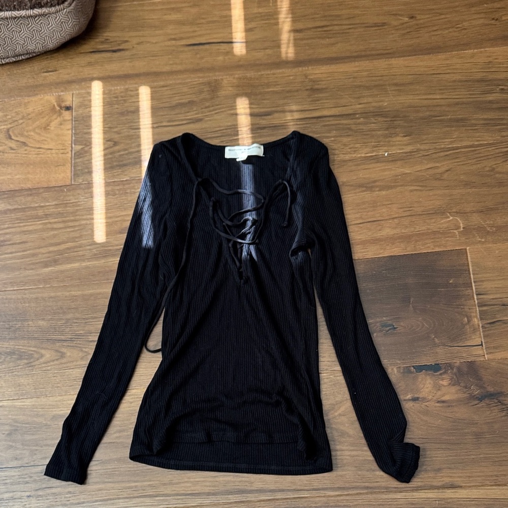 Project Social T Urban Outfitters Black Ribbed Lace-Up V-Neck Long Sleeve Tee